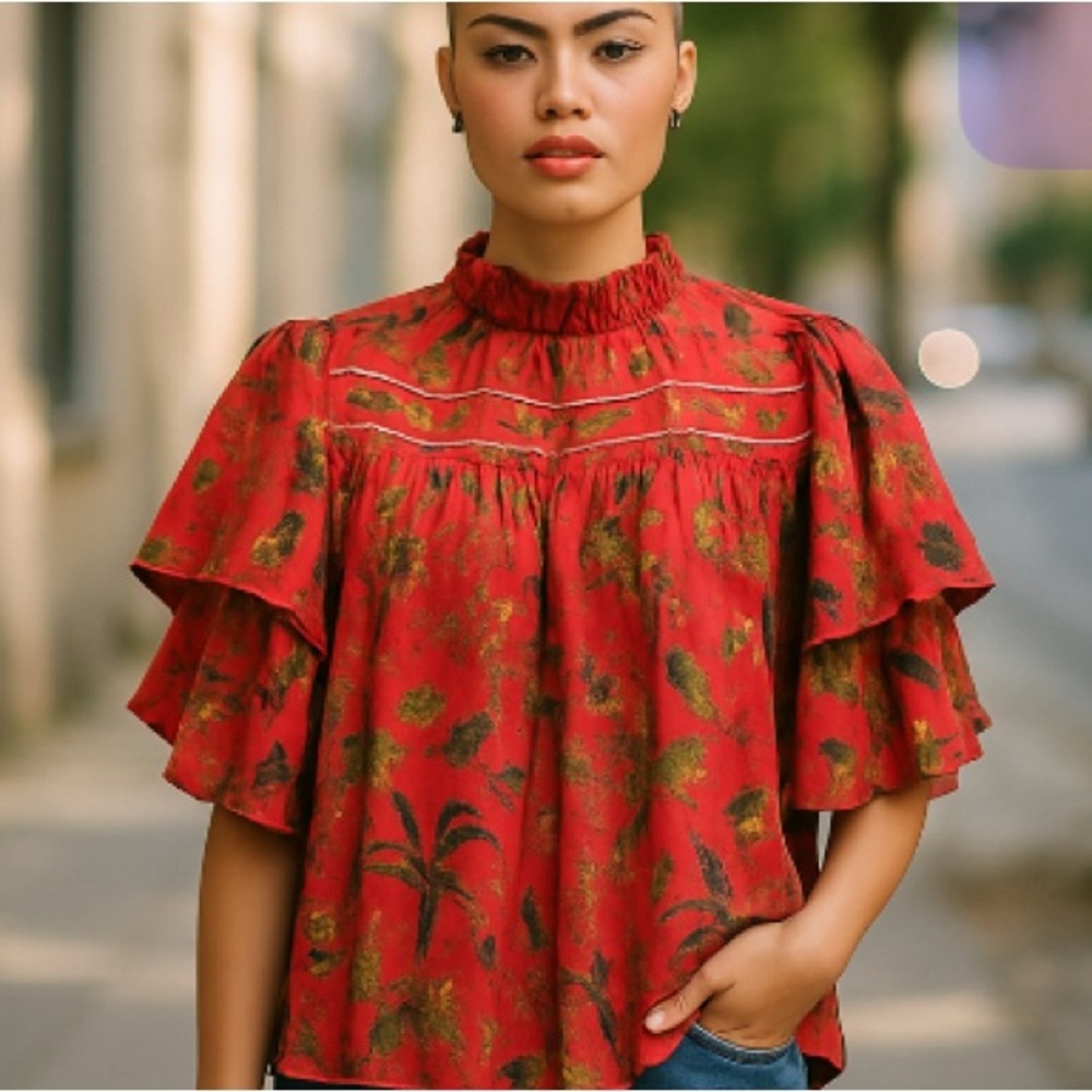 FARM Rio Secret Garden Ruffled Short-Sleeve Blouse-S